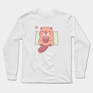Cute Beaver Chilling With Bubble Tea Long Sleeve T-Shirt